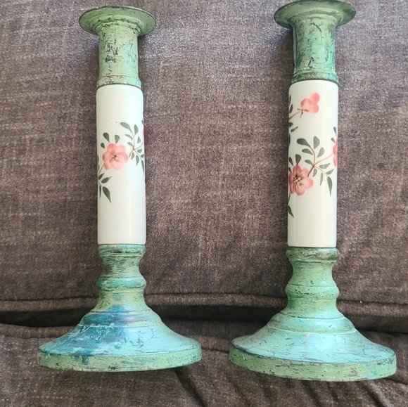 Pair of green metal and painted porcelain - Picture 10 of 10